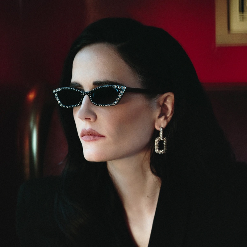 Actress Eva Green wears embellished sunglasses and earrings for the Vivier Express Chapter II campaign.