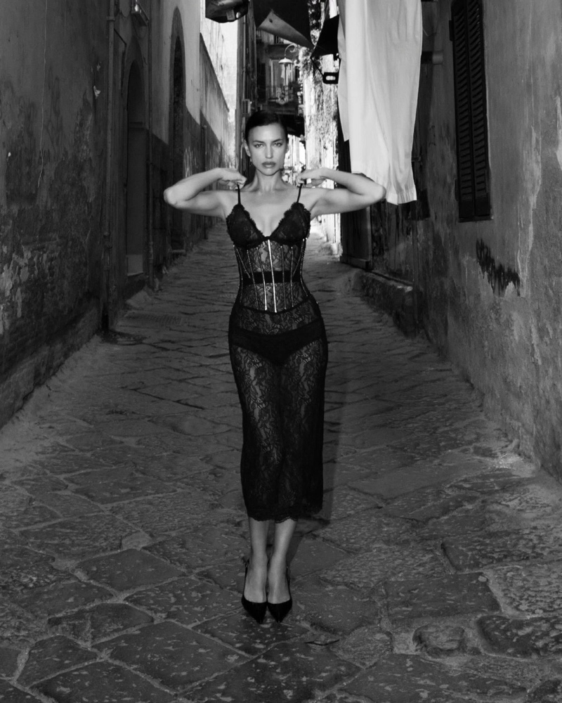 Irina Shayk stuns in a chantilly lace slip dress for Dolce & Gabbana DNA.